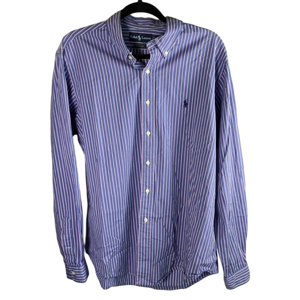 Ralph Lauren Custom Fit Dress Shirt Mens 17 43‎ Blue Striped Long Sleeve